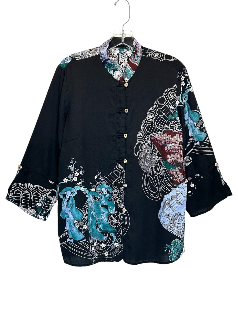 VTG Citron Santa Monica Black Silk Blend Tunic w/ Asian Art Print - Medium